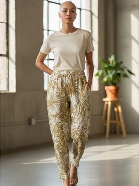 Pilcro Anthropologie Cream and Mustard Botanical Ankle Pants